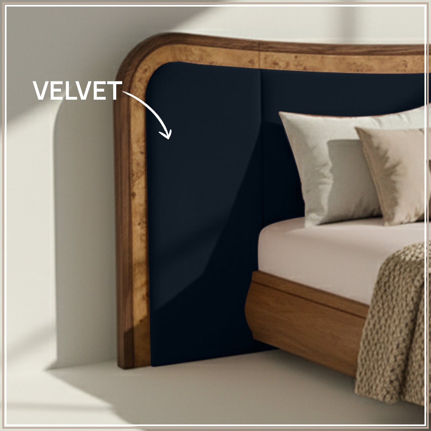 Elowen Softline King Size Bed in Royal Blue velvet With Oak wood Frame & Hydraulic Storage