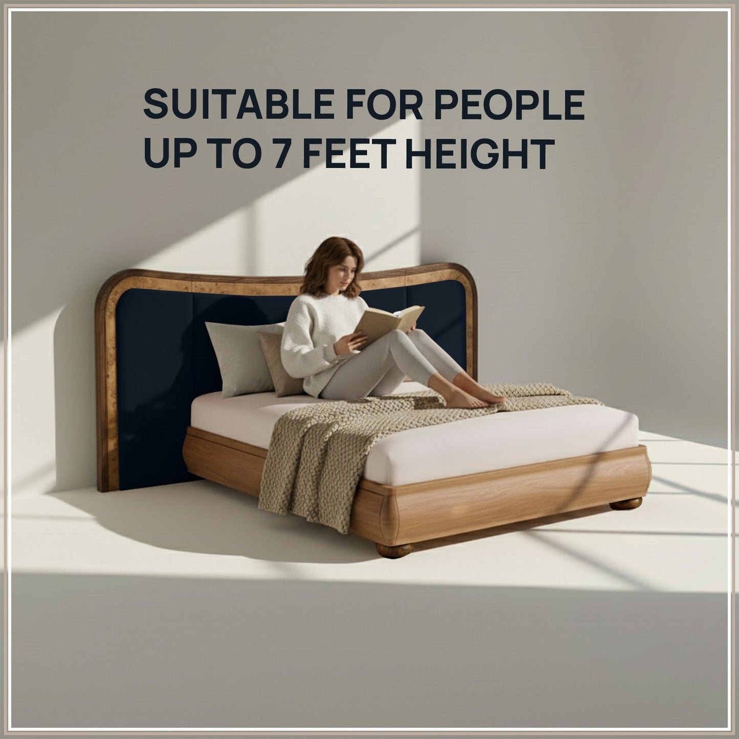 Elowen Softline Queen Size Bed in Royal Blue Velvet with Oak wood Frame & Hydraulic Storage