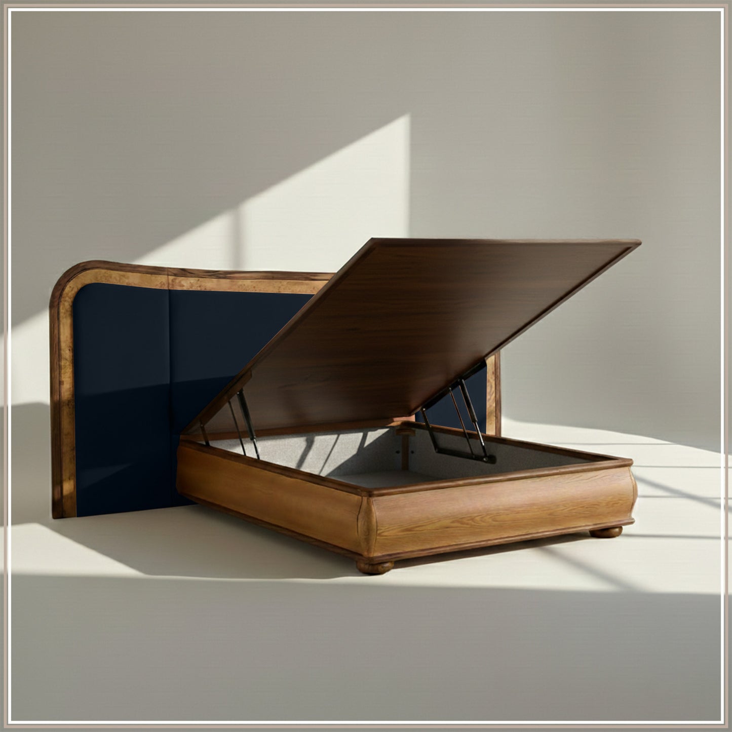 Elowen Softline Queen Size Bed in Royal Blue Velvet with Oak wood Frame & Hydraulic Storage