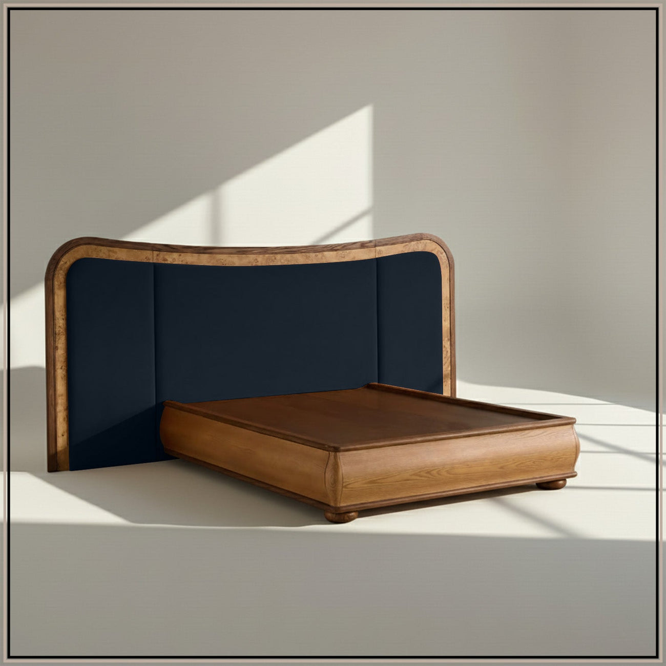 Elowen Softline Queen Size Bed in Royal Blue Velvet with Oak wood Frame & Hydraulic Storage