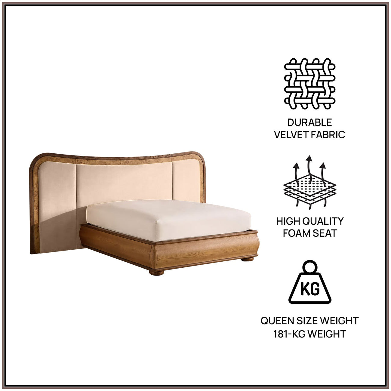 Elowen Softline Queen Size Bed in Off White Velvet with Oak wood Frame & Hydraulic Storage