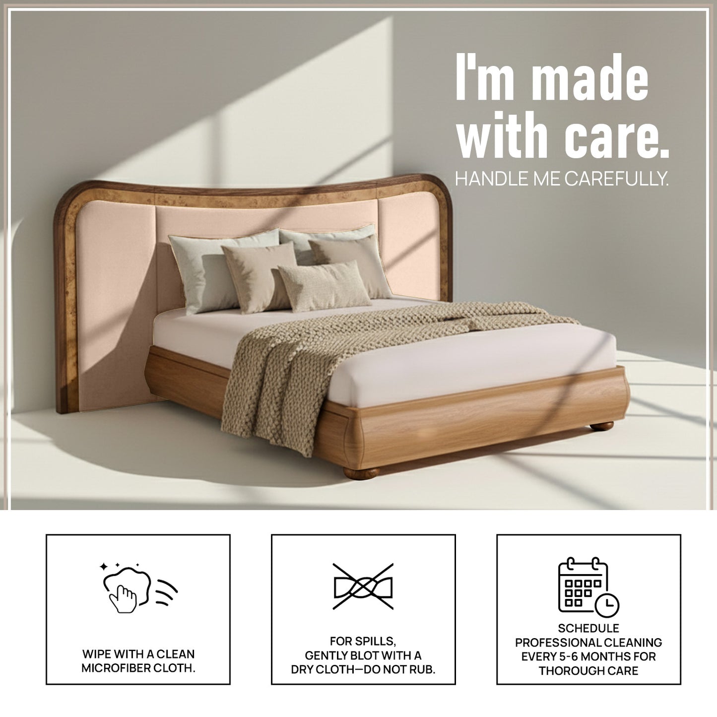 Elowen Softline King Size Bed in Off White velvet With Oak wood Frame & Hydraulic Storage