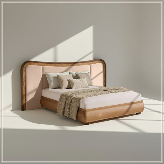 Elowen Softline Queen Size Bed in Off White Velvet with Oak wood Frame & Hydraulic Storage