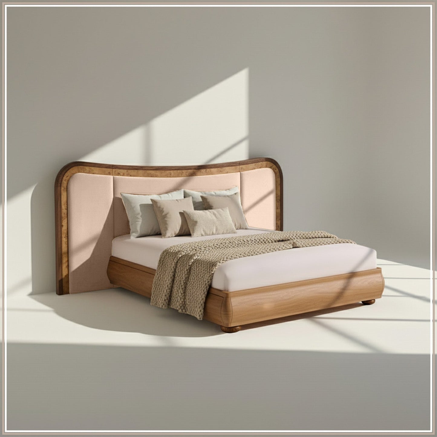 Elowen Softline King Size Bed in Off White velvet With Oak wood Frame & Hydraulic Storage
