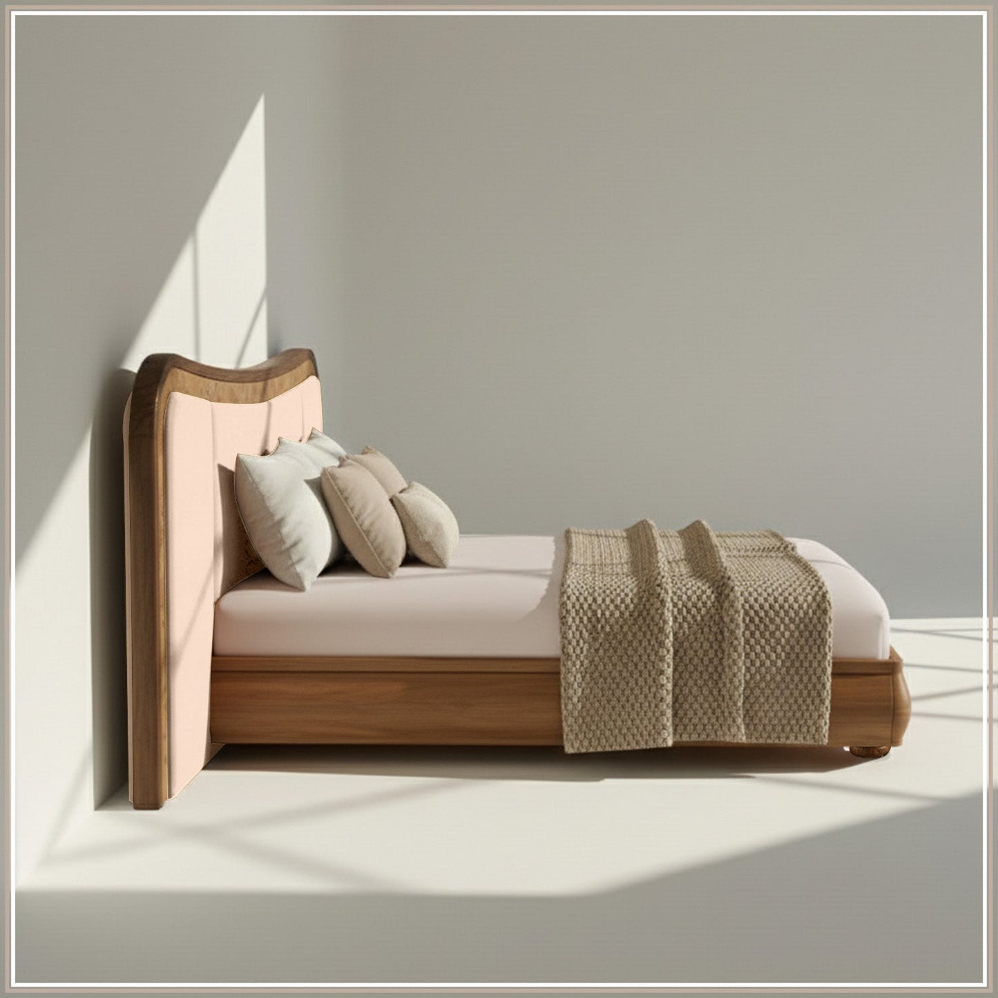 Elowen Softline Queen Size Bed in Off White Velvet with Oak wood Frame & Hydraulic Storage