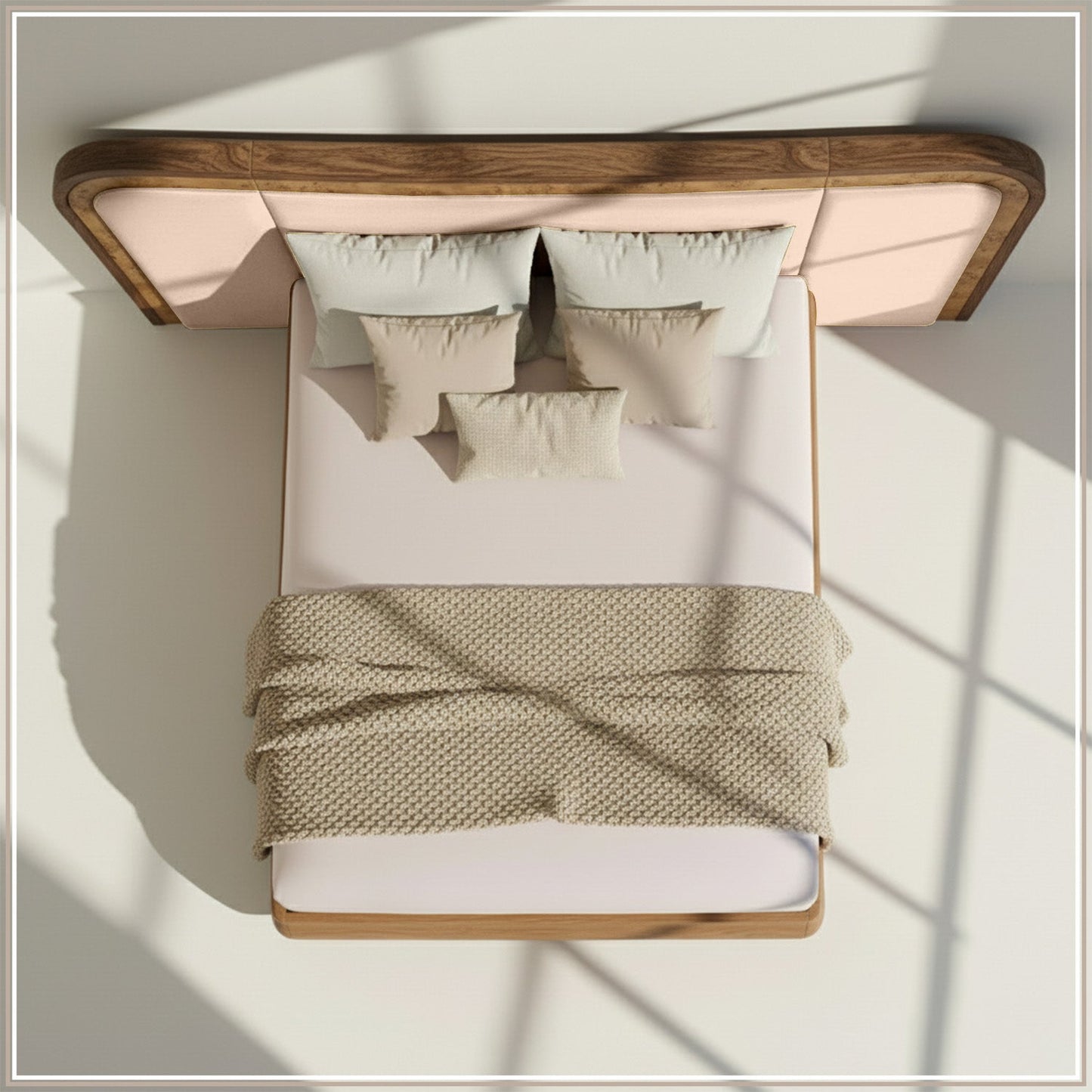 Elowen Softline King Size Bed in Off White velvet With Oak wood Frame & Hydraulic Storage