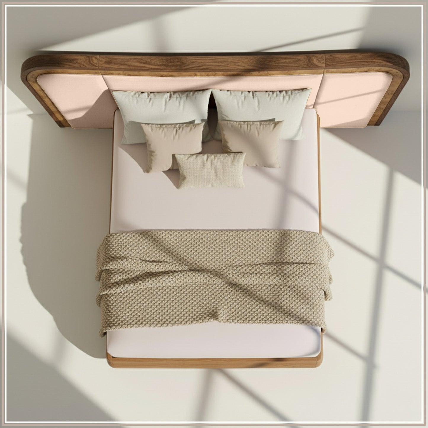 Elowen Softline Queen Size Bed in Off White Velvet with Oak wood Frame & Hydraulic Storage