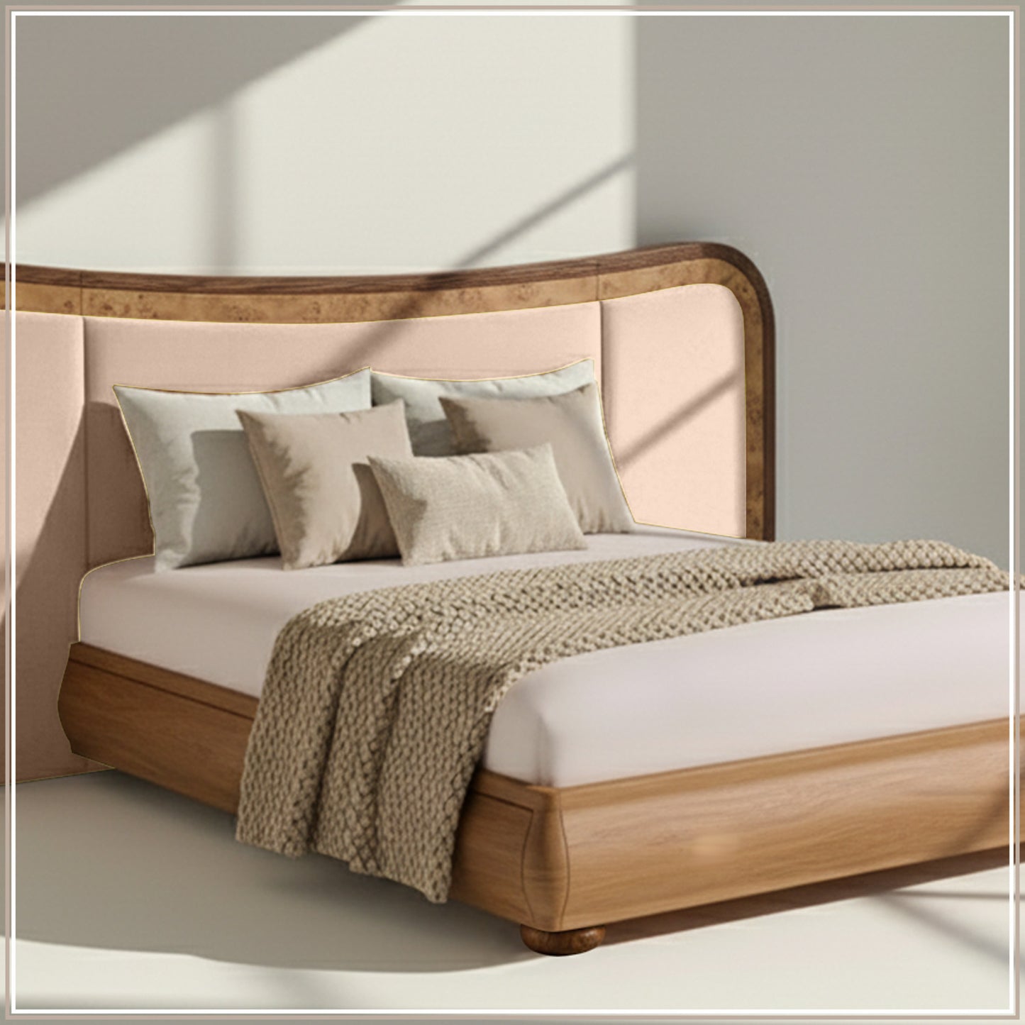 Elowen Softline King Size Bed in Off White velvet With Oak wood Frame & Hydraulic Storage