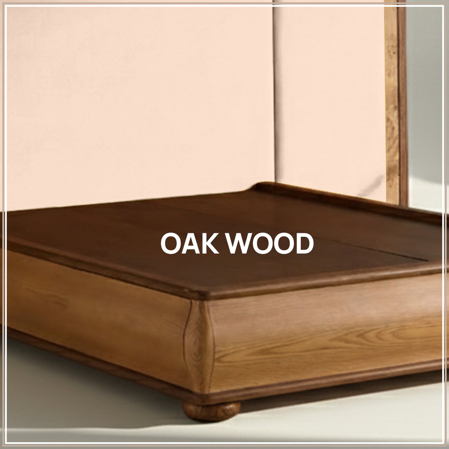 Elowen Softline King Size Bed in Off White velvet With Oak wood Frame & Hydraulic Storage
