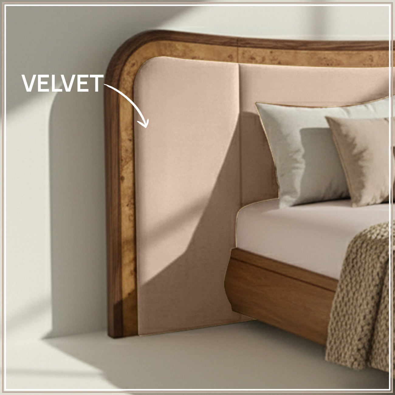 Elowen Softline King Size Bed in Off White velvet With Oak wood Frame & Hydraulic Storage