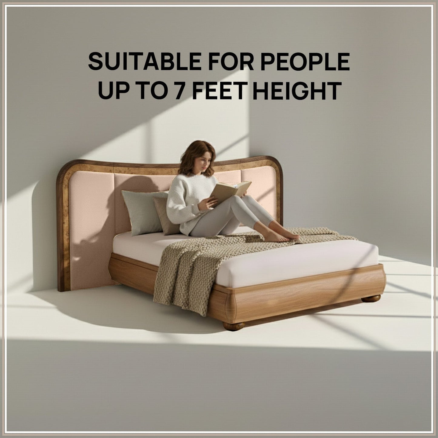 Elowen Softline Queen Size Bed in Off White Velvet with Oak wood Frame & Hydraulic Storage