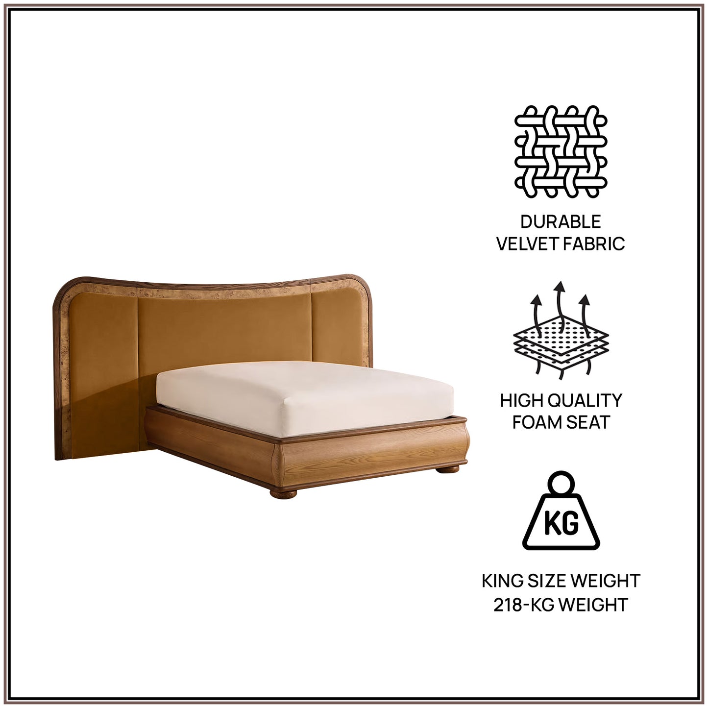 Elowen Softline King Size Bed in Mustard Velvet with Oak wood Frame & Hydraulic Storage