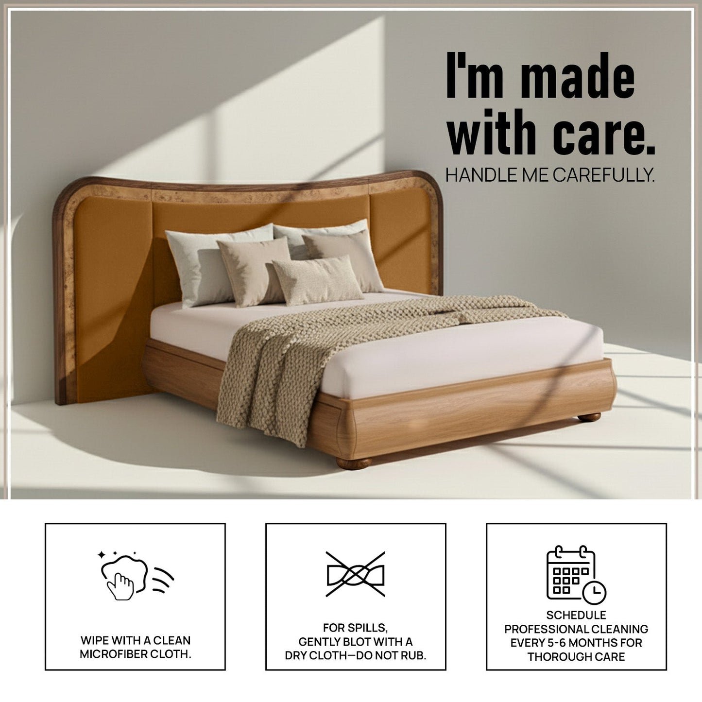 Elowen Softline Queen Size Bed in Mustard Velvet with Oak wood Frame & Hydraulic Storage
