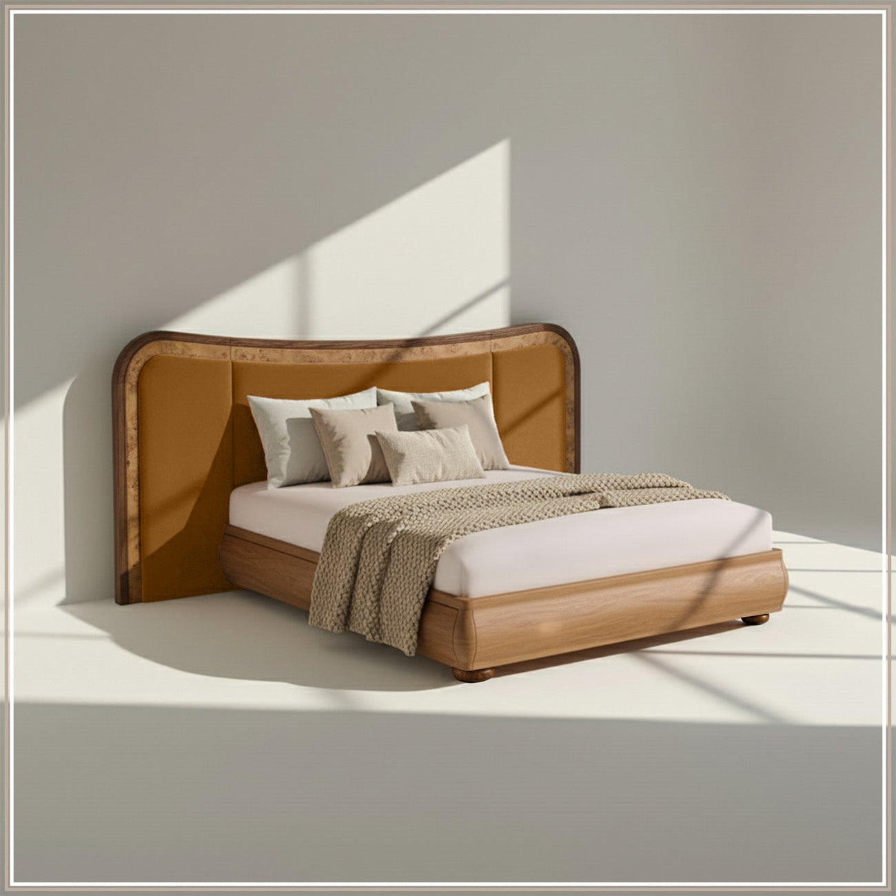 Elowen Softline Queen Size Bed in Mustard Velvet with Oak wood Frame & Hydraulic Storage