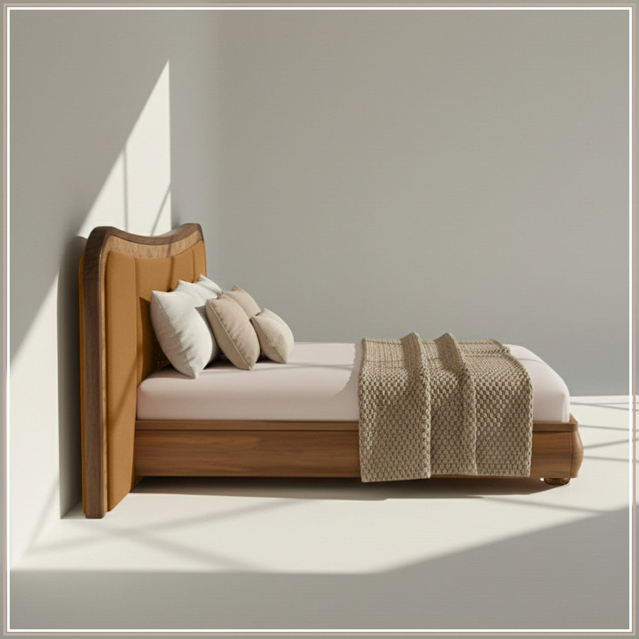 Elowen Softline King Size Bed in Mustard Velvet with Oak wood Frame & Hydraulic Storage