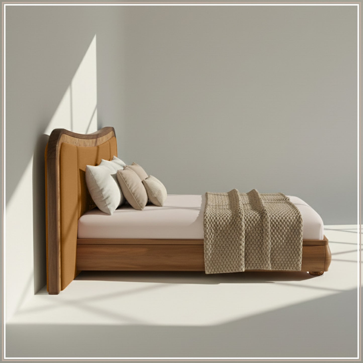 Elowen Softline King Size Bed in Mustard Velvet with Oak wood Frame & Hydraulic Storage