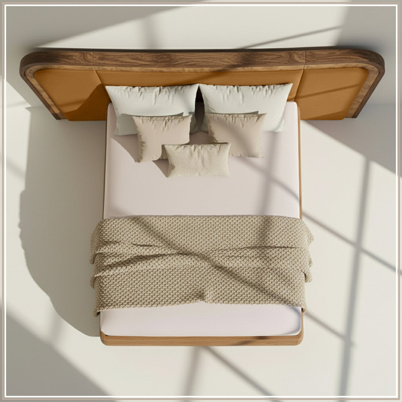 Elowen Softline Queen Size Bed in Mustard Velvet with Oak wood Frame & Hydraulic Storage
