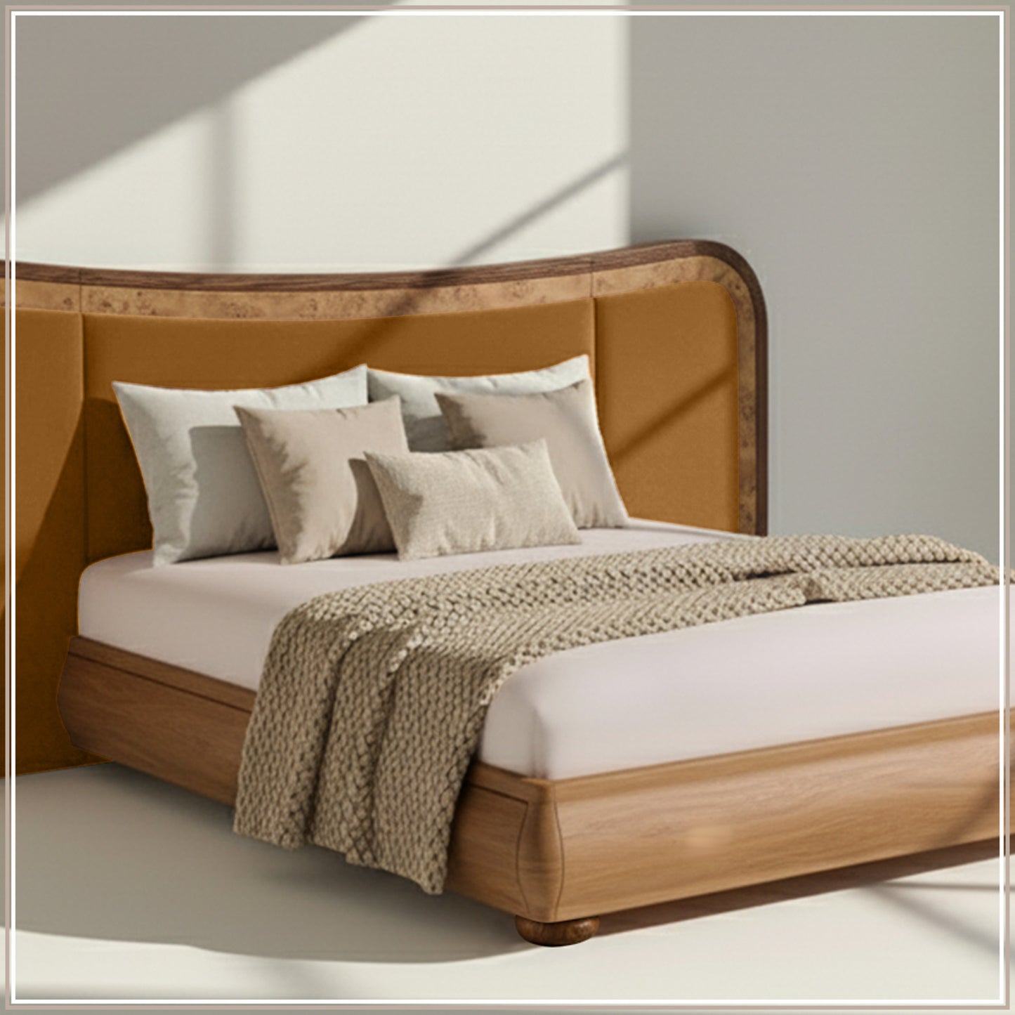 Elowen Softline King Size Bed in Mustard Velvet with Oak wood Frame & Hydraulic Storage