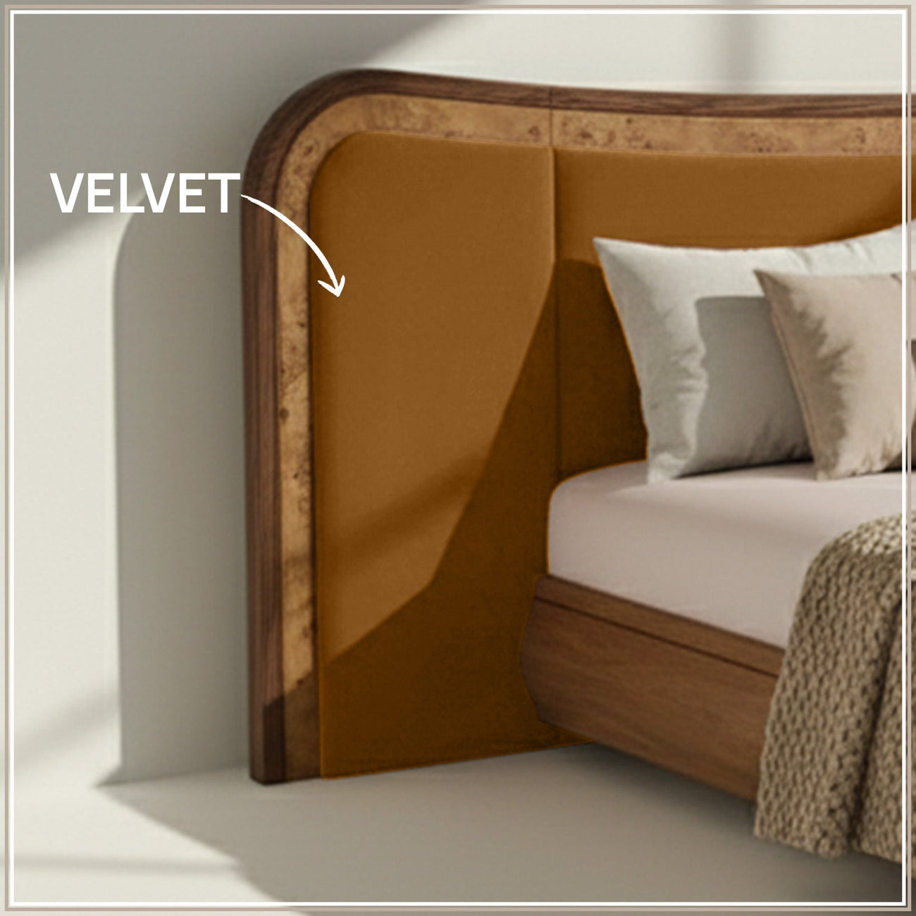 Elowen Softline King Size Bed in Mustard Velvet with Oak wood Frame & Hydraulic Storage