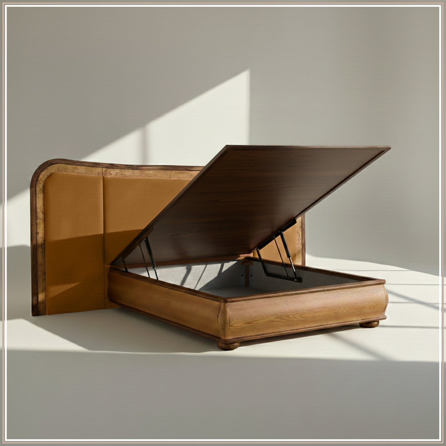 Elowen Softline King Size Bed in Mustard Velvet with Oak wood Frame & Hydraulic Storage