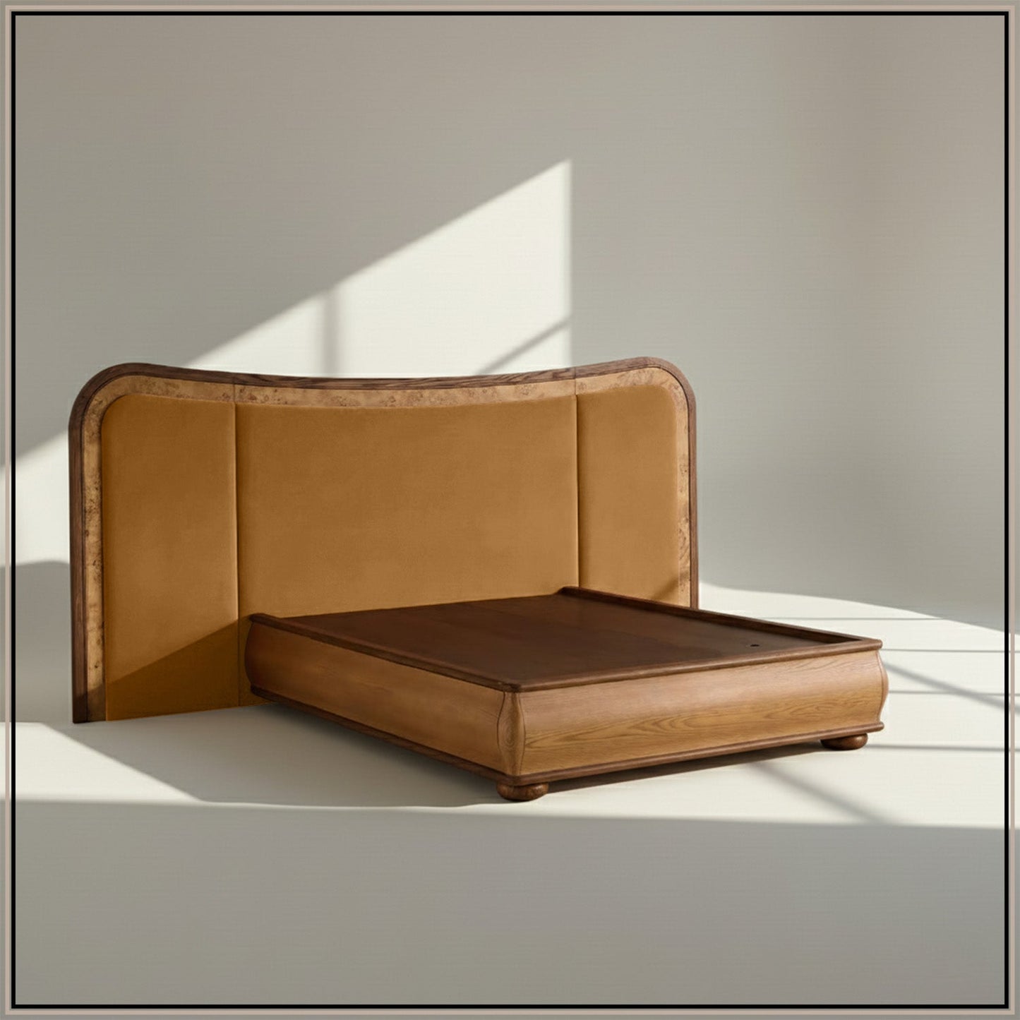 Elowen Softline Queen Size Bed in Mustard Velvet with Oak wood Frame & Hydraulic Storage