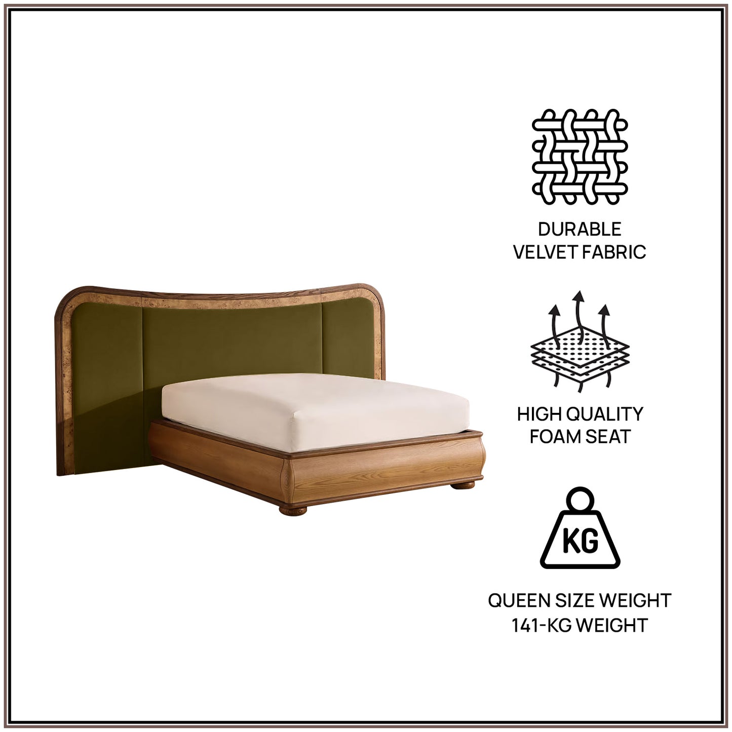 Elowen Softline Queen Size Bed in Olive Velvet with Oak wood Frame & Hydraulic Storage