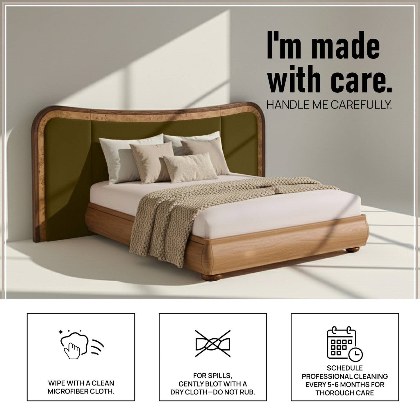 Elowen Softline King Size Bed in Olive velvet With Oak wood Frame & Hydraulic Storage