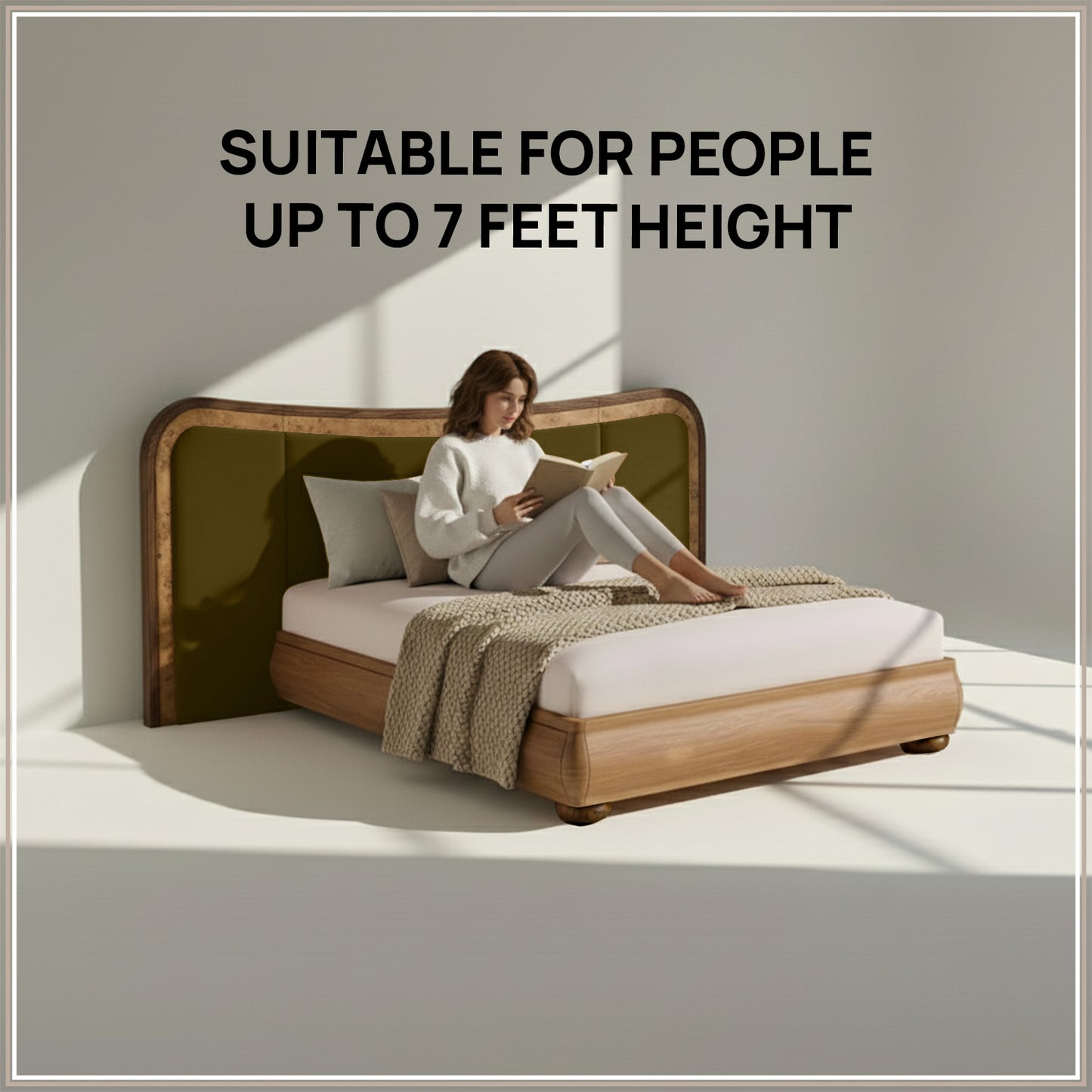 Elowen Softline Queen Size Bed in Olive Velvet with Oak wood Frame & Hydraulic Storage