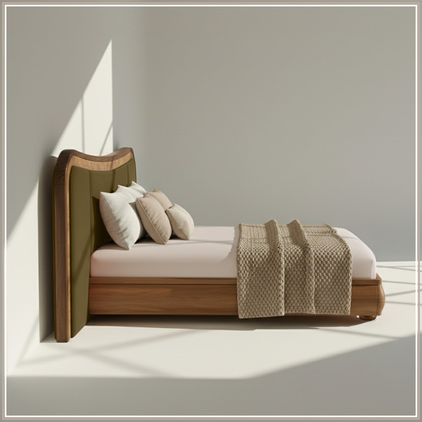Elowen Softline King Size Bed in Olive velvet With Oak wood Frame & Hydraulic Storage