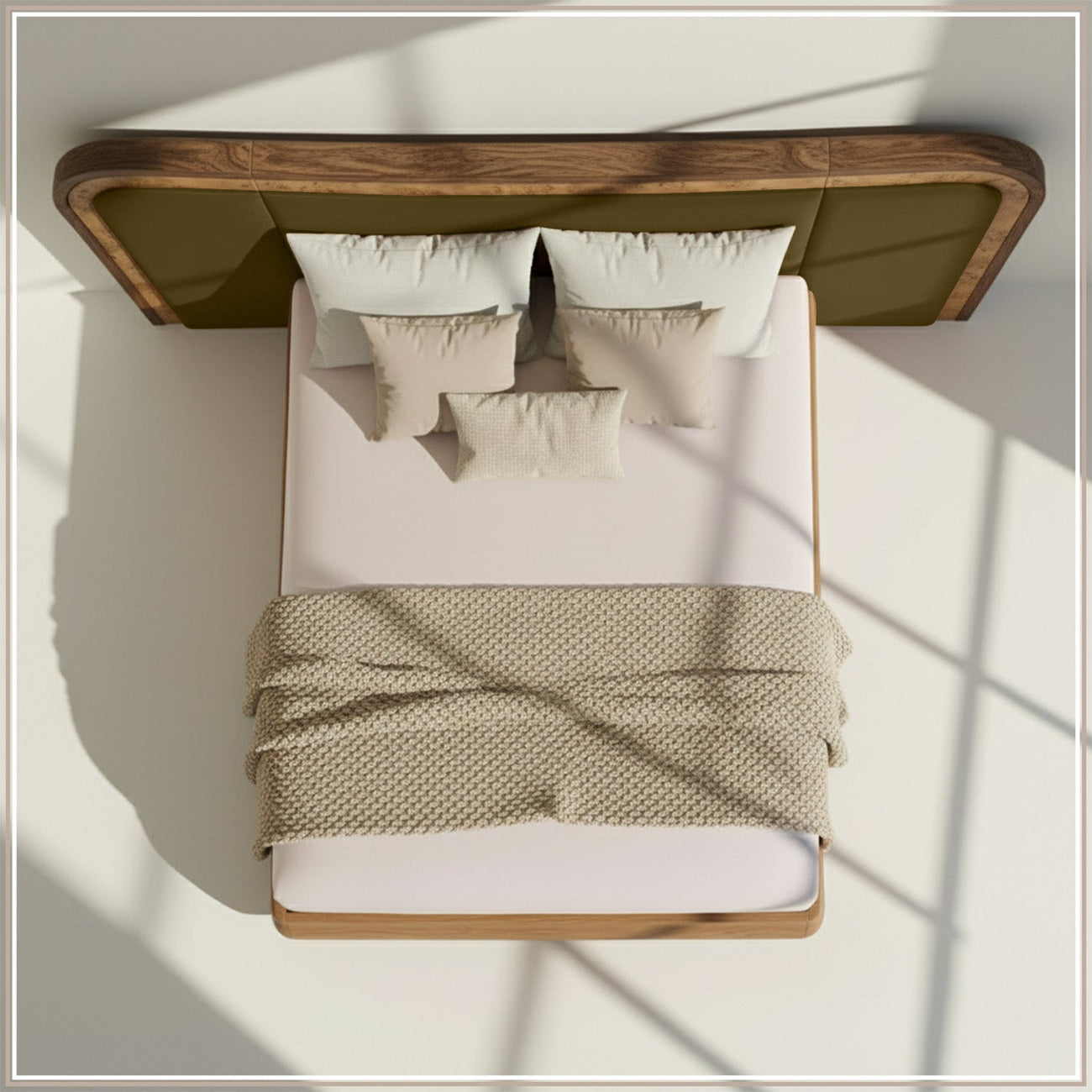 Elowen Softline Queen Size Bed in Olive Velvet with Oak wood Frame & Hydraulic Storage