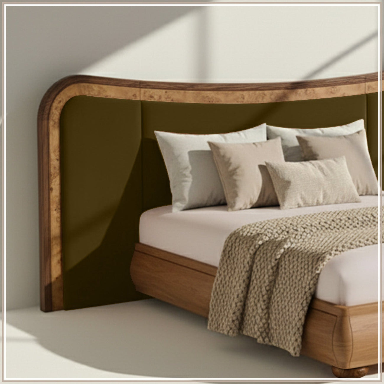 Elowen Softline Queen Size Bed in Olive Velvet with Oak wood Frame & Hydraulic Storage