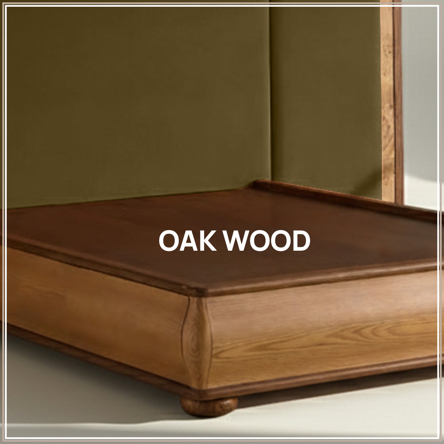 Elowen Softline Queen Size Bed in Olive Velvet with Oak wood Frame & Hydraulic Storage