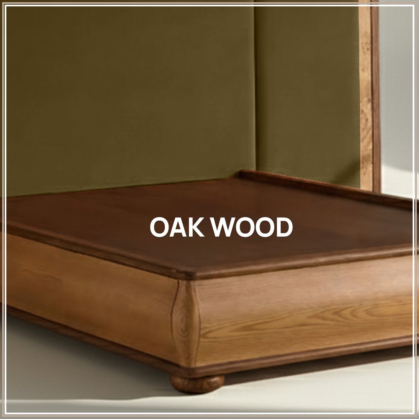 Elowen Softline Queen Size Bed in Olive Velvet with Oak wood Frame & Hydraulic Storage