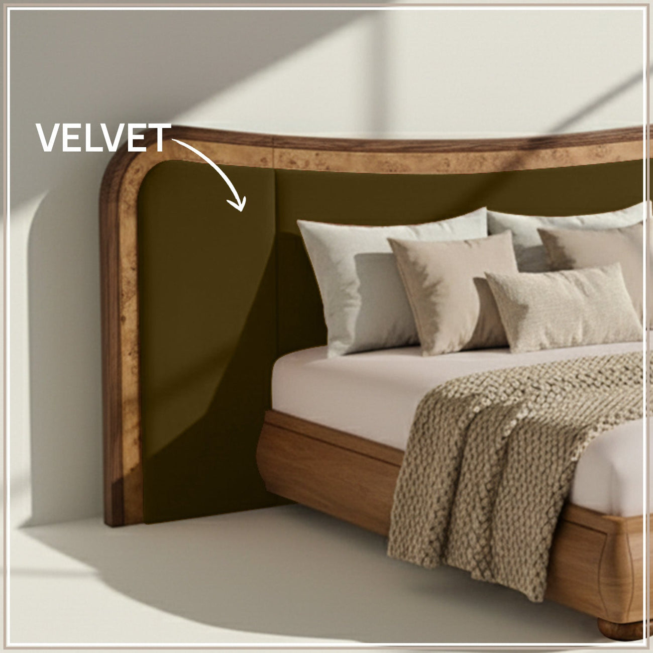 Elowen Softline King Size Bed in Olive velvet With Oak wood Frame & Hydraulic Storage