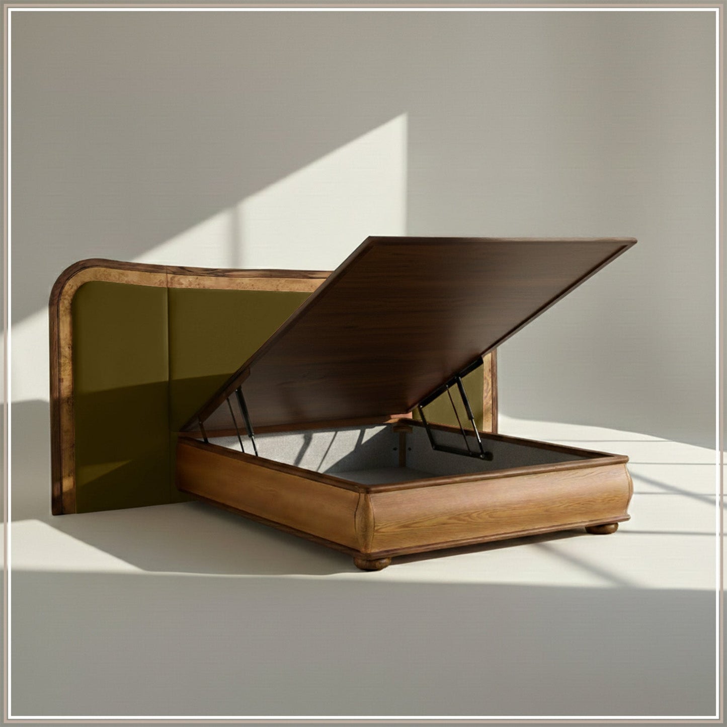 Elowen Softline Queen Size Bed in Olive Velvet with Oak wood Frame & Hydraulic Storage