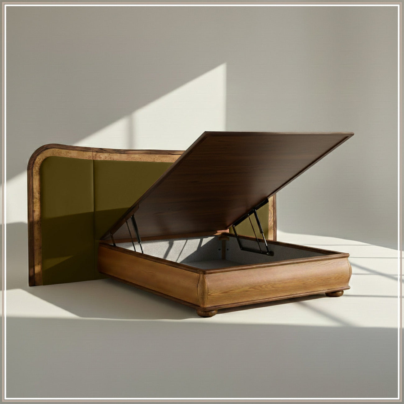 Elowen Softline Queen Size Bed in Olive Velvet with Oak wood Frame & Hydraulic Storage