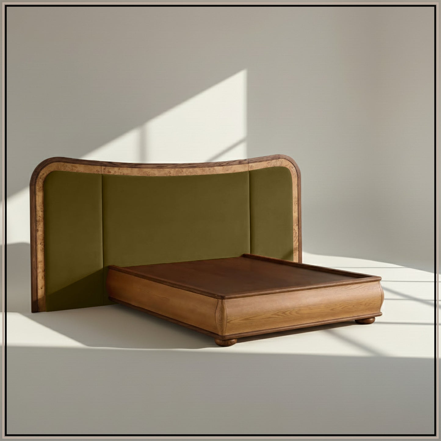 Elowen Softline Queen Size Bed in Olive Velvet with Oak wood Frame & Hydraulic Storage
