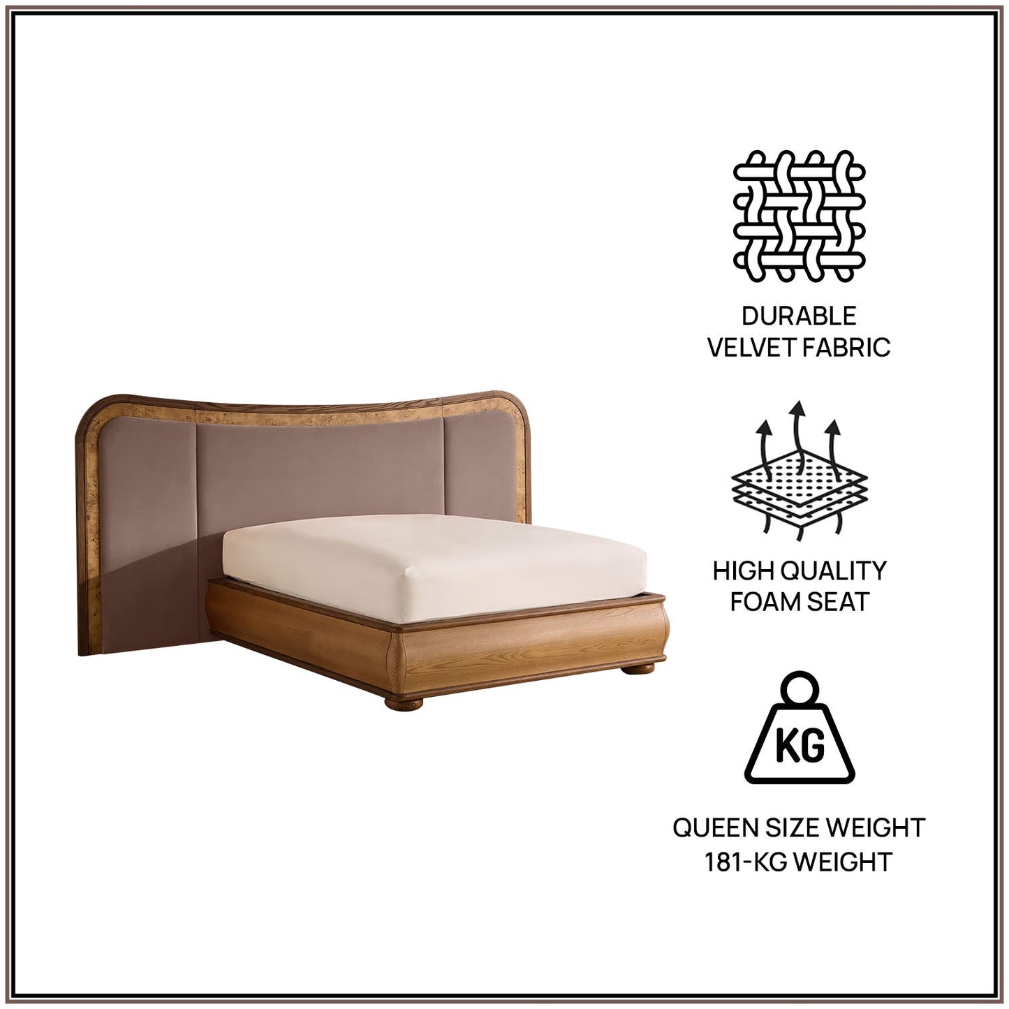 Elowen Softline Queen Size Bed in Taupe Velvet with Oak wood Frame & Hydraulic Storage