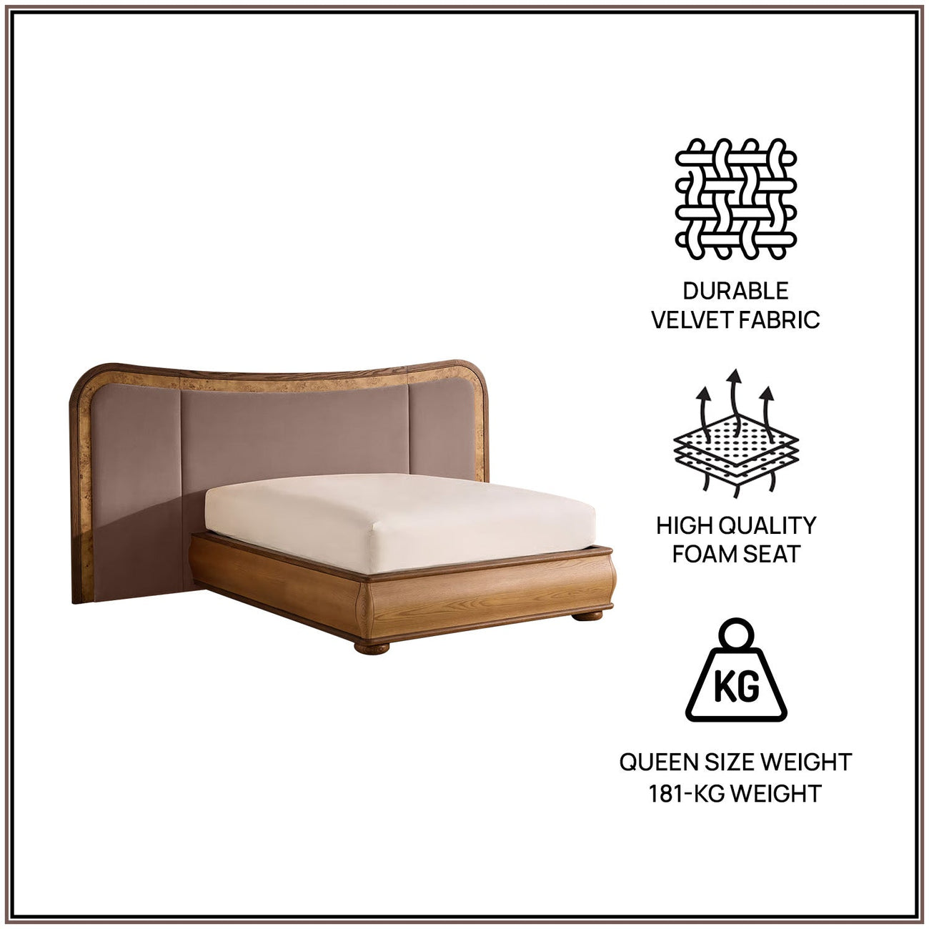 Elowen Softline Queen Size Bed in Taupe Velvet with Oak wood Frame & Hydraulic Storage
