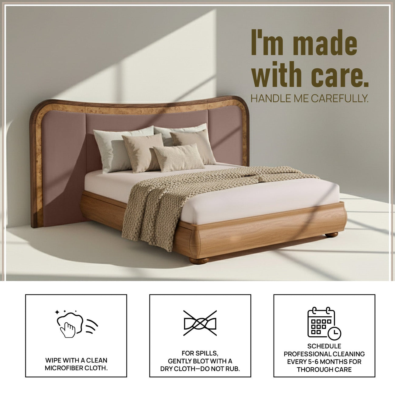 Elowen Softline Queen Size Bed in Taupe Velvet with Oak wood Frame & Hydraulic Storage
