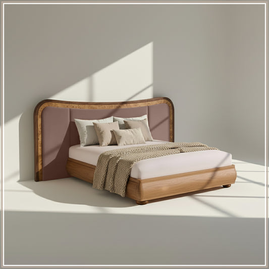Elowen Softline Queen Size Bed in Taupe Velvet with Oak wood Frame & Hydraulic Storage