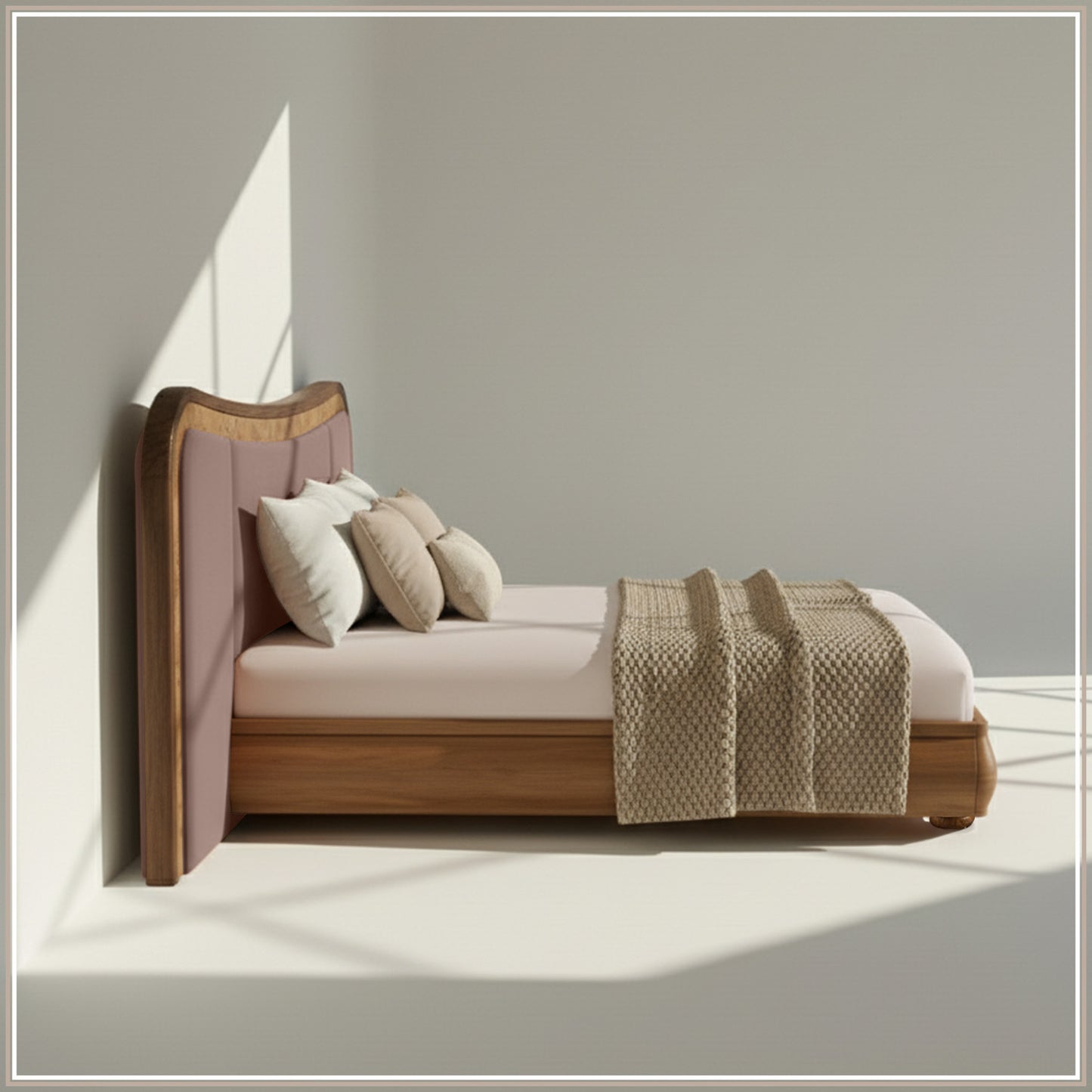 Elowen Softline King Size Bed in Taupe velvet With Oak wood Frame & Hydraulic Storage