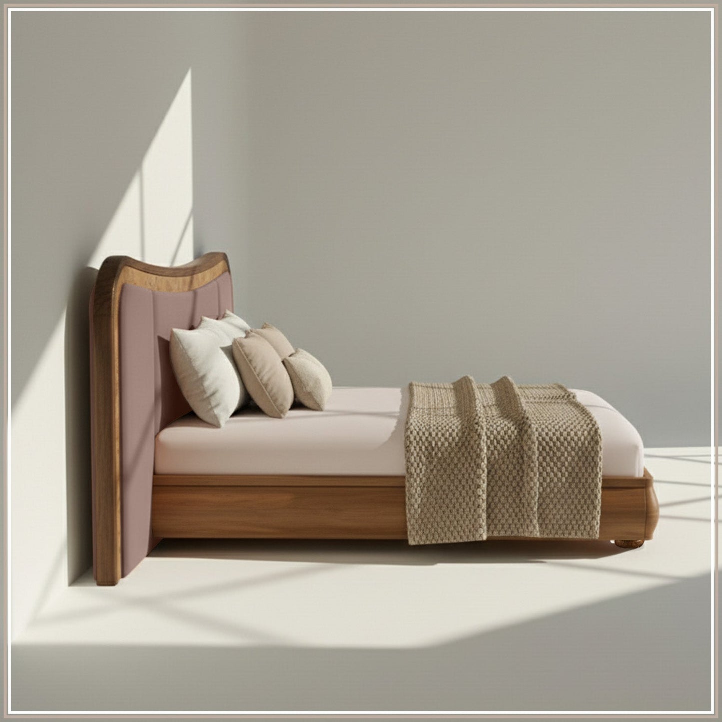 Elowen Softline King Size Bed in Taupe velvet With Oak wood Frame & Hydraulic Storage
