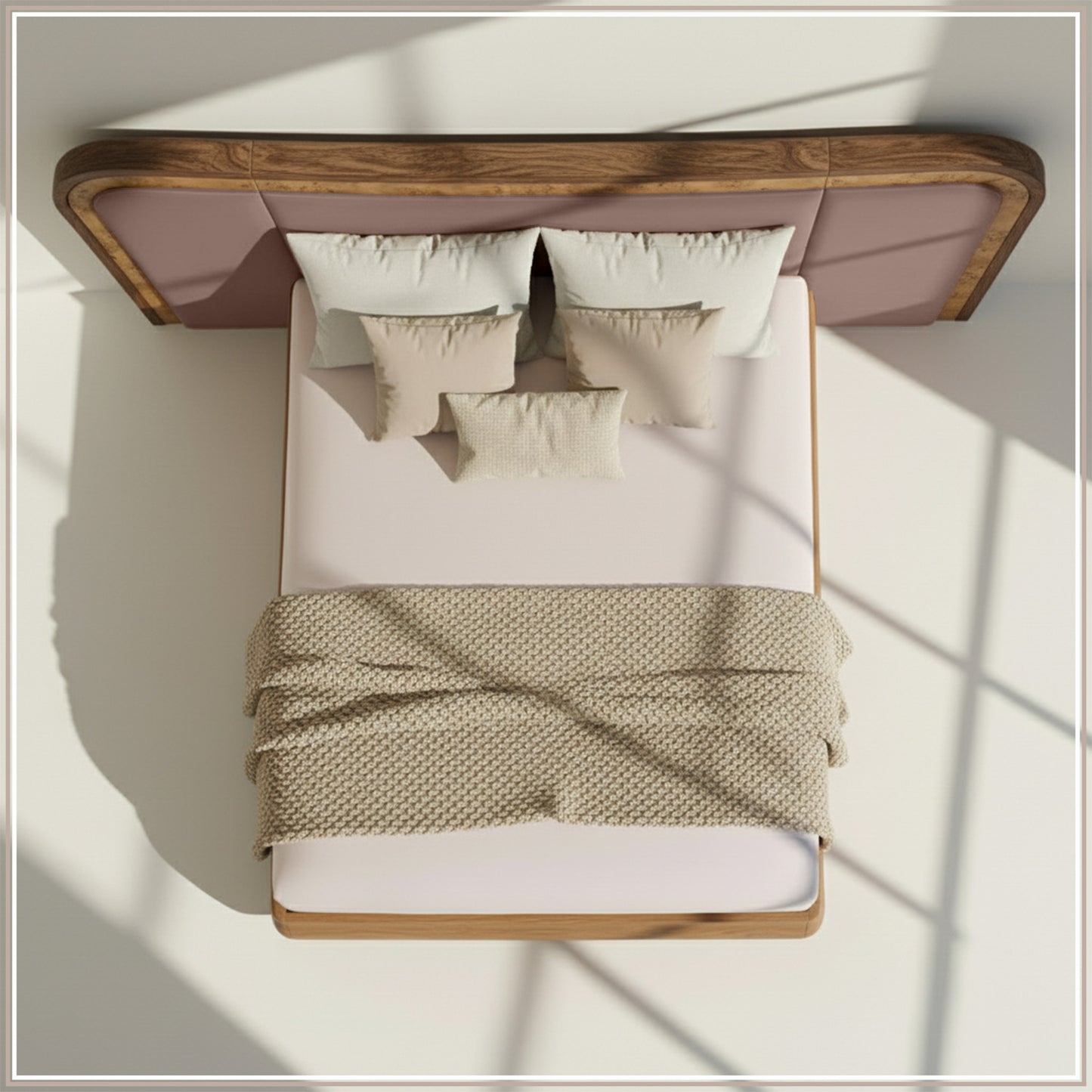Elowen Softline Queen Size Bed in Taupe Velvet with Oak wood Frame & Hydraulic Storage