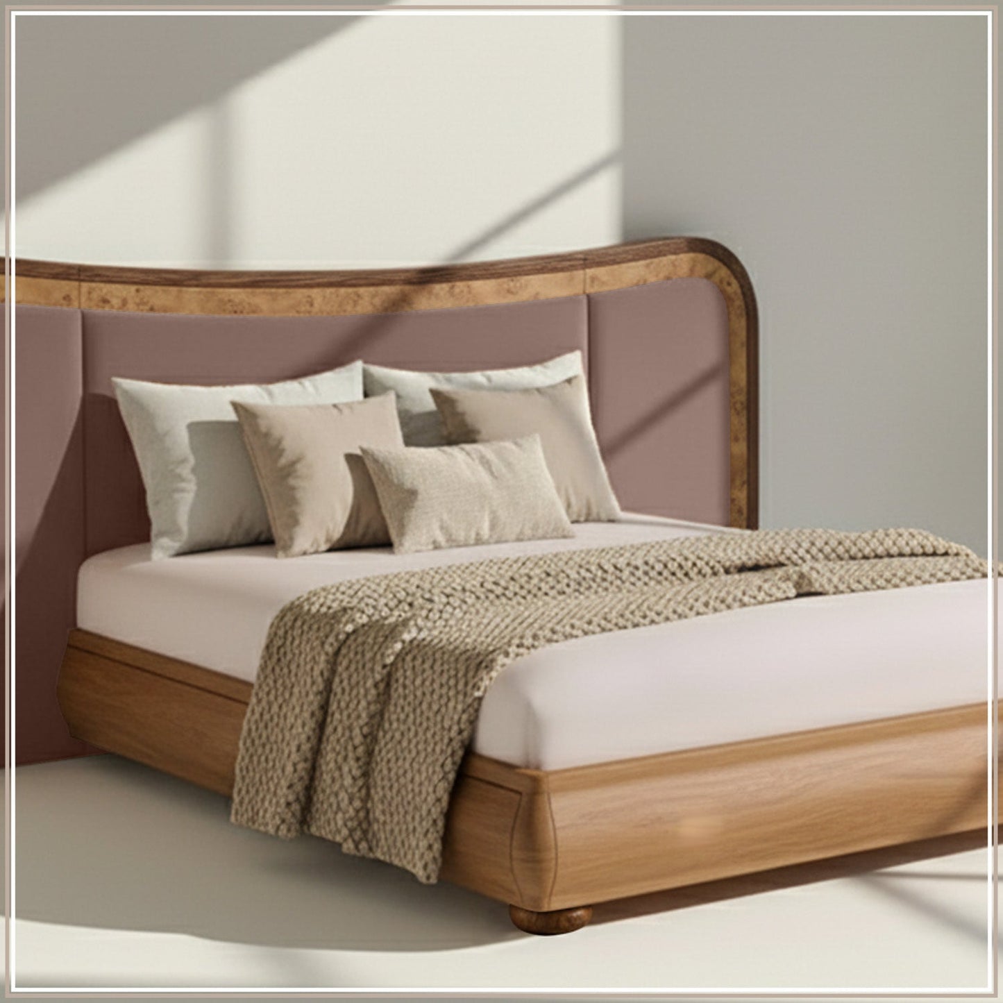 Elowen Softline Queen Size Bed in Taupe Velvet with Oak wood Frame & Hydraulic Storage