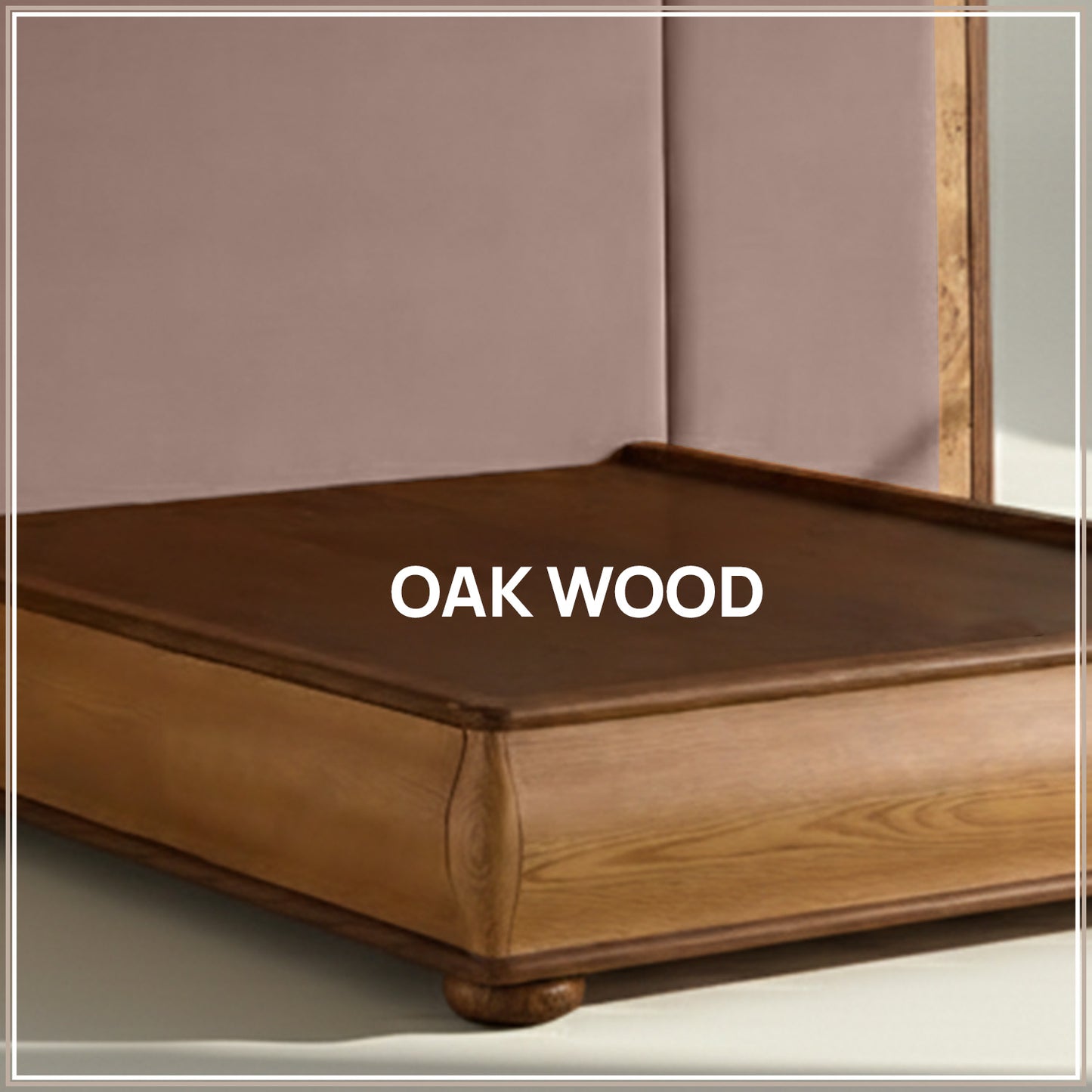Elowen Softline King Size Bed in Taupe velvet With Oak wood Frame & Hydraulic Storage
