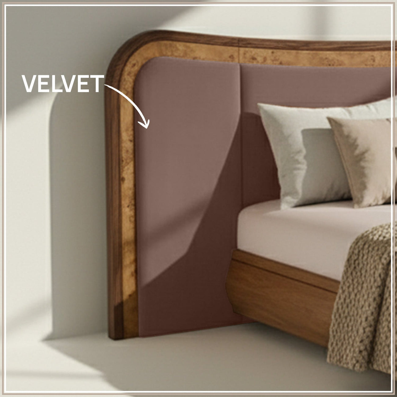 Elowen Softline Queen Size Bed in Taupe Velvet with Oak wood Frame & Hydraulic Storage