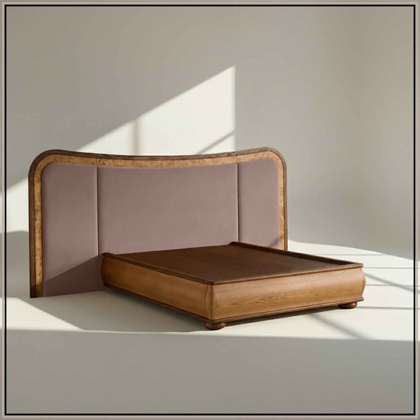 Elowen Softline King Size Bed in Taupe velvet With Oak wood Frame & Hydraulic Storage