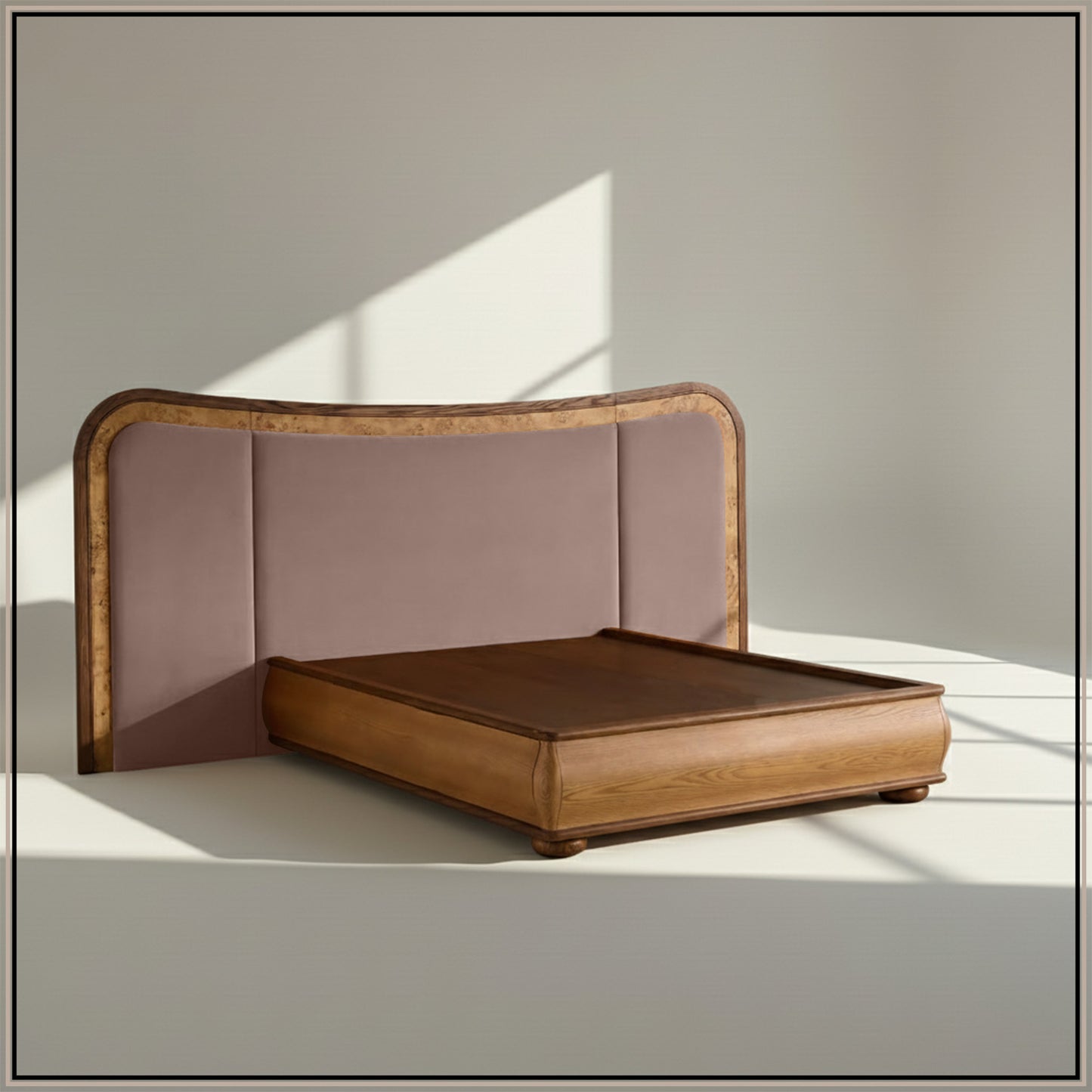 Elowen Softline King Size Bed in Taupe velvet With Oak wood Frame & Hydraulic Storage