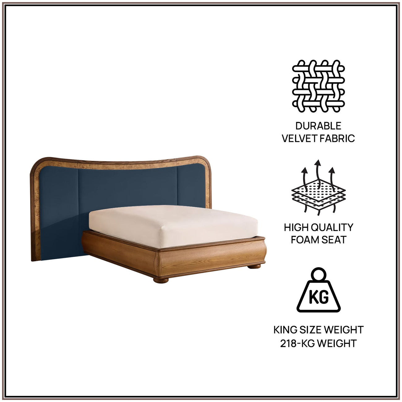 Elowen Softline King Size Bed in Blue Grey velvet With Oak wood Frame & Hydraulic Storage